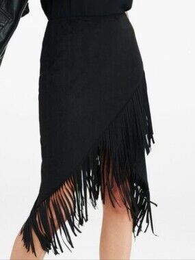 Express Faux Suede Black Asymmetrical Crossover Fringe Skirt - Size 2